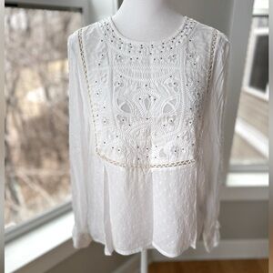 NAF NAF White Beaded Embroidered Boho Flowy Long Sleeve Blouse Size Small